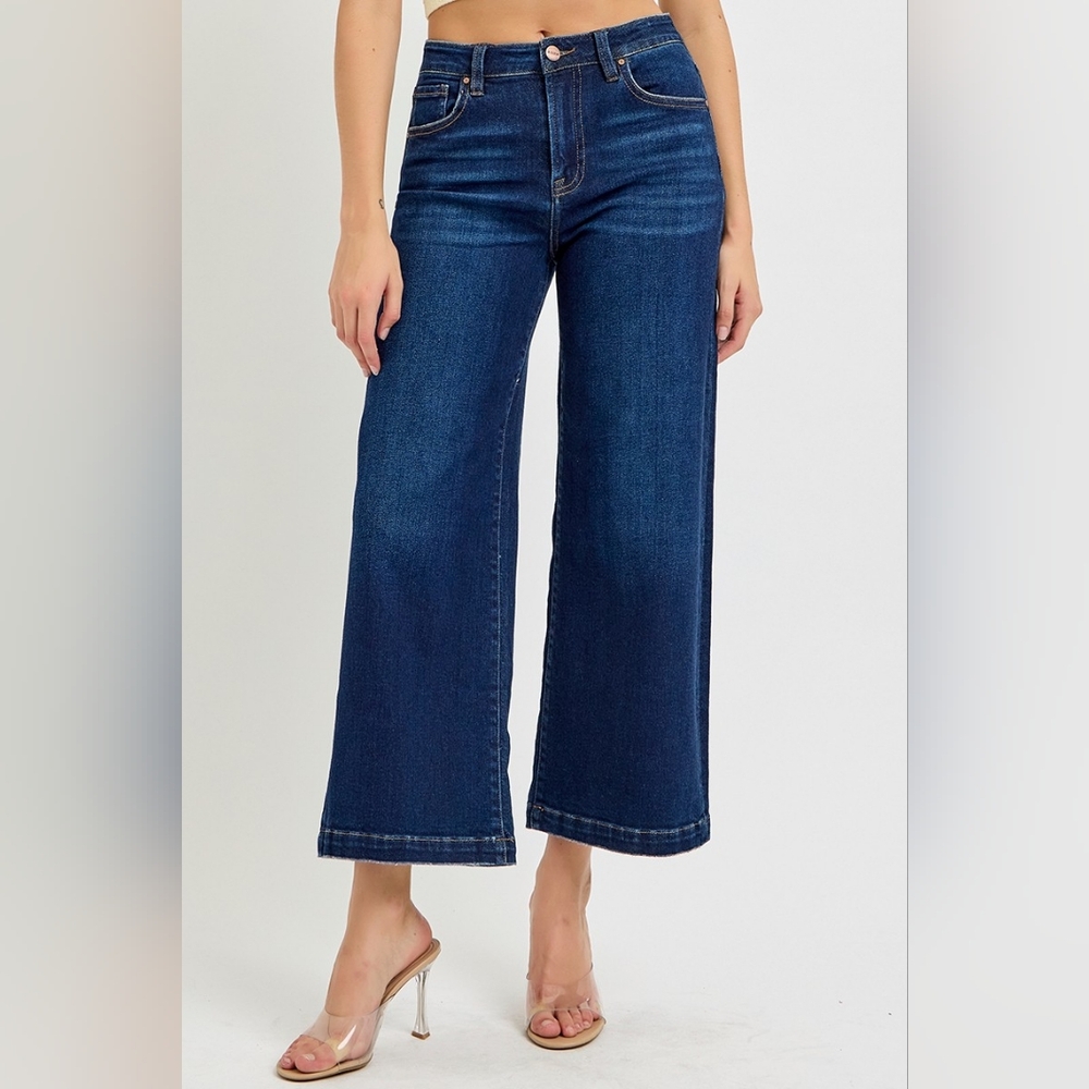RISEN High-Rise Waist Cropped Baggy Wide Leg Pants Relaxed Fit Dark Denim Jeans